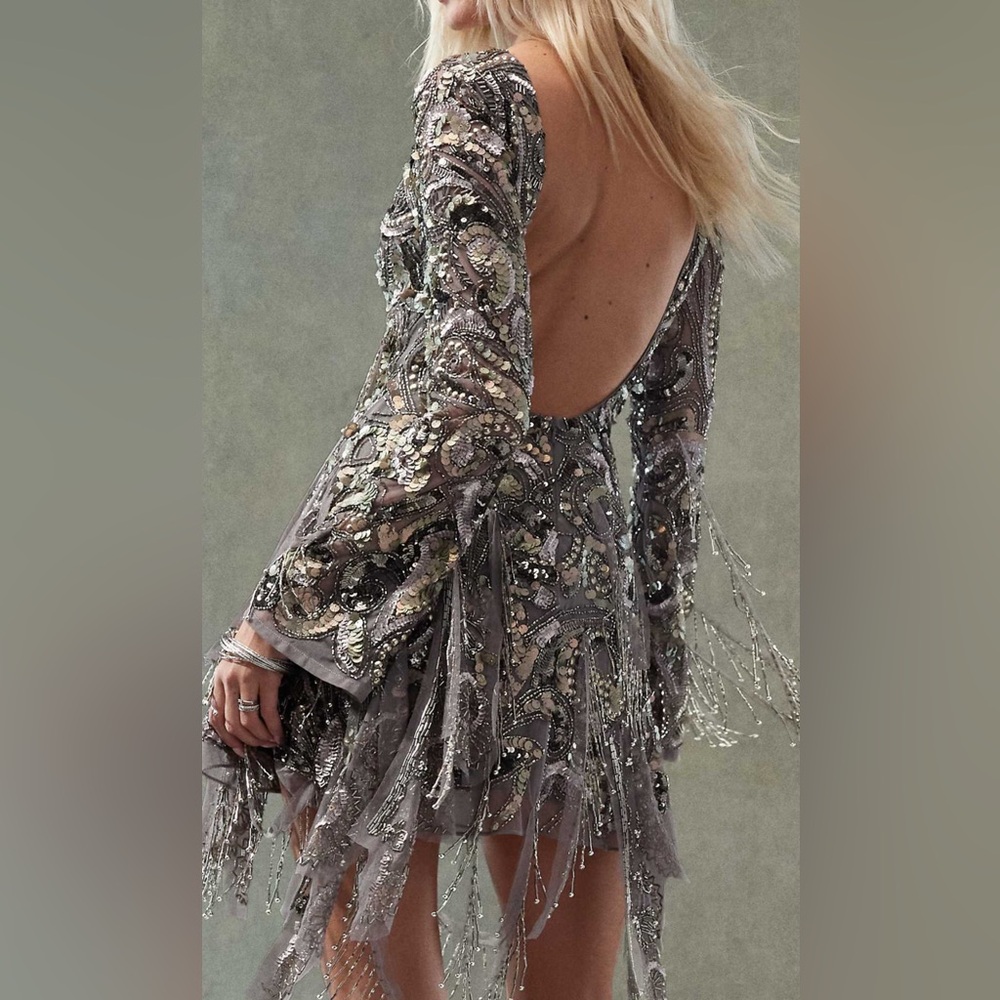 ASOS Embellished Long-Sleeve Mini Dress in fringe and silver - Picture 2 of 2